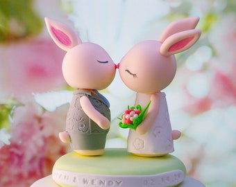 Topper de pastel de boda de conejito / Estatuilla de novia y novio de conejo / Figura de pastel de conejitos besando / Topper de pastel recién casado / Regalo para amante de los conejos