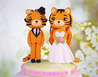 Tiger Wedding Cake Topper Bride and Groom Figurine | Just Married Cake Topper | Cute Wedding Cake Topper | Kawaii Wedding Decoration