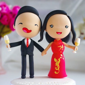 Statuina per torta nuziale cinese / Topper per torta nuziale cinese con sposi / Topper per torta nuziale con coppia asiatica / Topper per torta nuziale divertente cinese