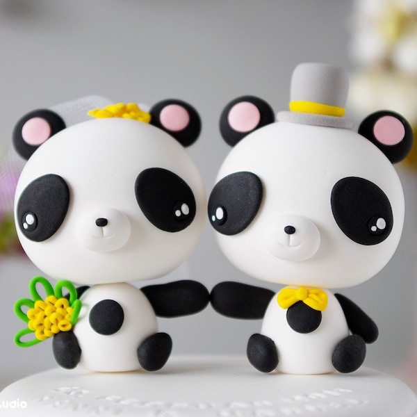 Panda Hochzeitstorte Topper Braut und Bräutigam Figur | Lustiger Hochzeitstortenaufsatz | Just Married Cake Topper | Kawaii-Geschenk für frisch vermählte Paare
