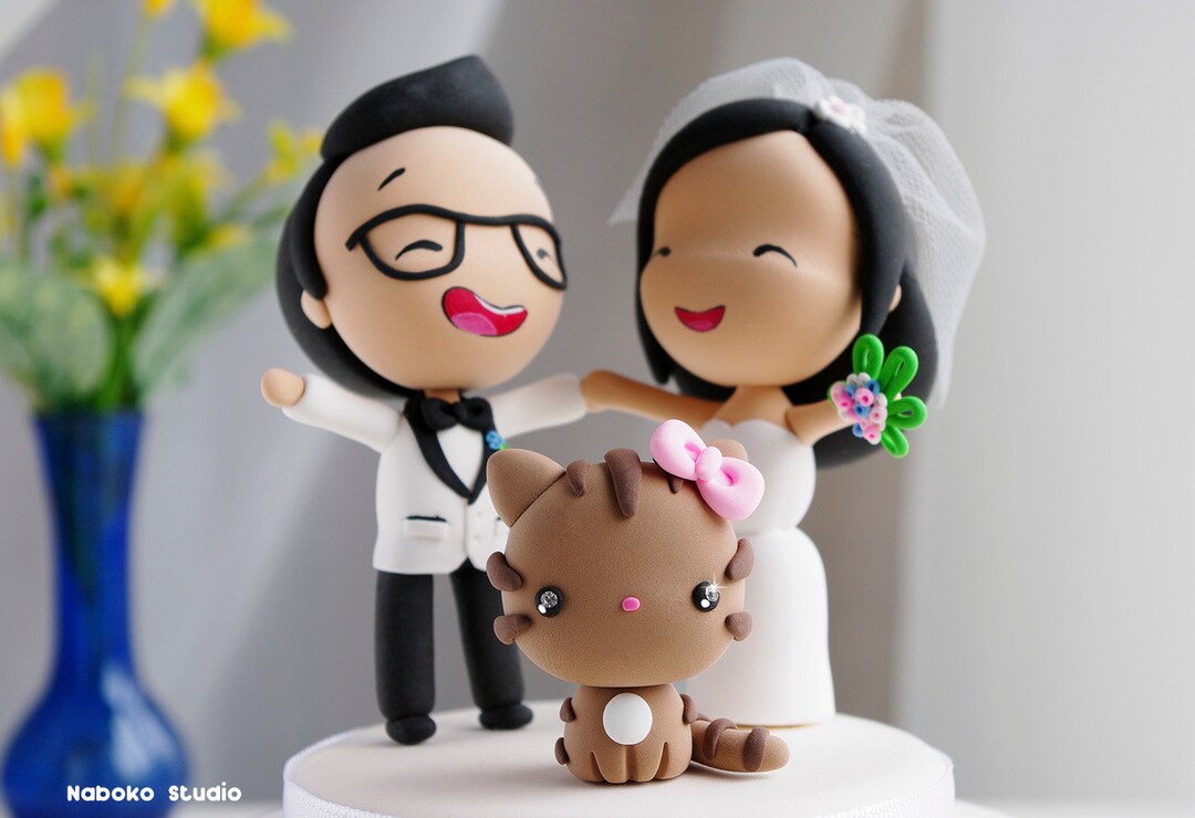Custom Wedding Cake Topper With Cat | Bride and Groom Cake Topper ...