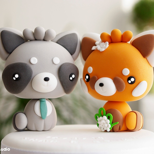 Raccoon and Red Panda Wedding Cake Topper | Bride and Groom Figurine | Funny Wedding Cake Topper | Cute Just Married Cake Topper