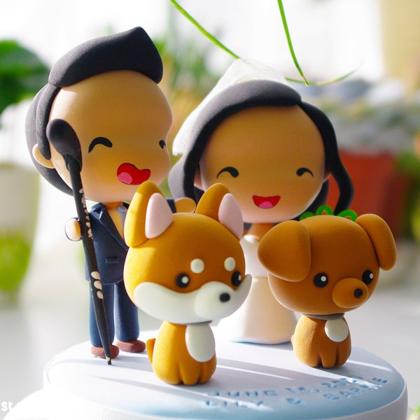 Custom Wedding Cake Topper Bride and Groom with Dogs | Funny Wedding Cake Topper Figurine | Just Married Cake Topper | Kawaii Wedding Decor