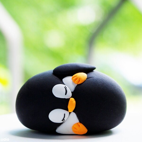 Sleeping Penguin Figurine / Kawaii Pebble Shaped Penguin / Collectible Toys / Birthday, Pajama Party Cake Topper / Totem Animal / Miyako