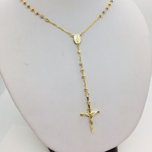 14K Solid Tricolor Gold Moon Cut Rosary Necklace Crucifix Men's/Women's 3mm 16" 18" 20" & 24"
