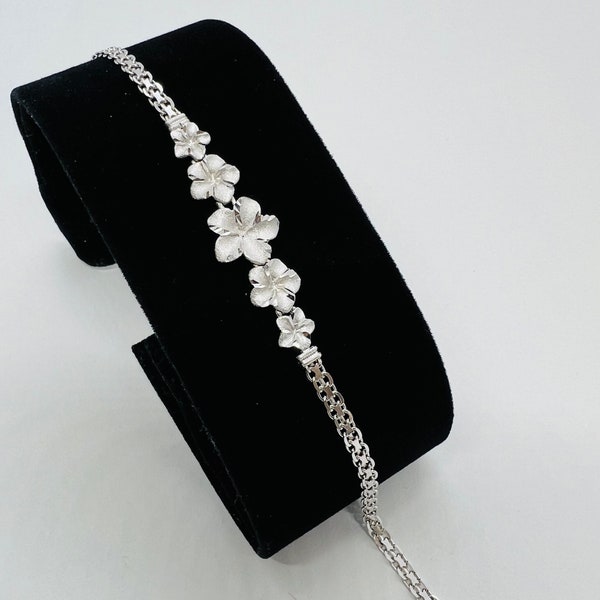 925 Sterling Silver Hawaiian plumeria flower bracelet Women's flower jewelry 7" Gift for mom