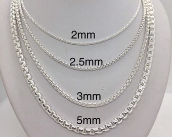 925 Sterling Silver Round Box Chain: Solid Necklace, Men's Women's, Custom Length