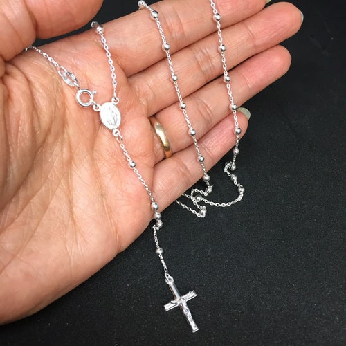 Stainless Steel Virgin Mary Jesus Crucifix Rosary Beads Necklace, 23.6 Inch Chain