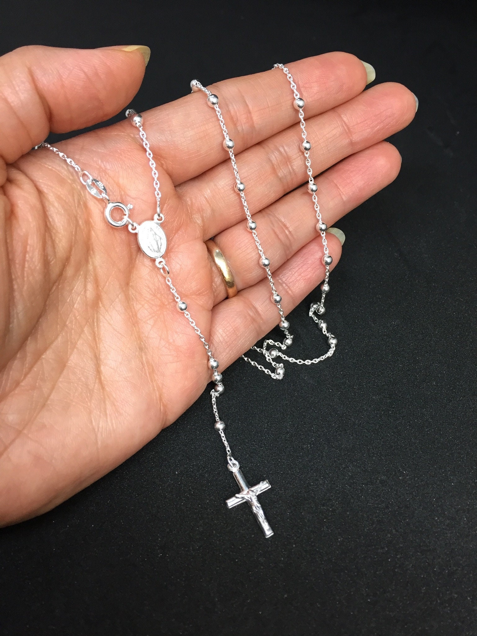 Sterling Silver Rosary Beads Mens Cross Necklace 7 mm 24 28 inch