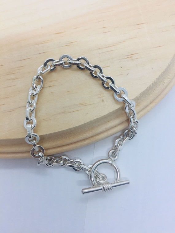 Sterling Silver Round & Oval Link Bracelet, Toggle Clasp, Handmade