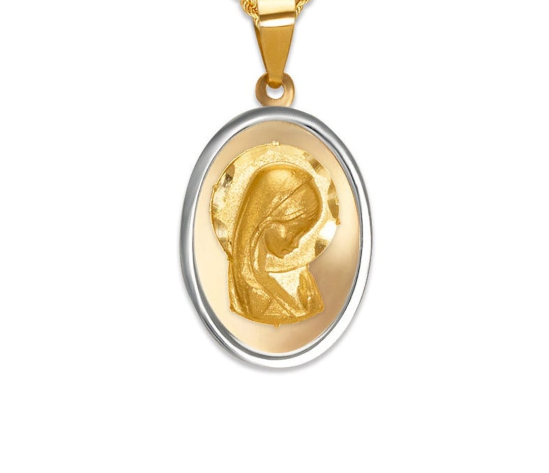 14K Solid Gold Virgin Mary Medal, Two Tone Catholic Pendant - Etsy