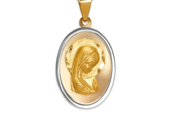 14K Solid Two Tone Gold Virgin Mary Miraculous Medal, Our Lady of Guadalupe Oval Pendant, Catholic jewelry With or without box chain