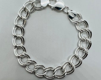 11mm 925 Sterling Silver Charm Bracelet Fancy Double link Curb link 7" 8". Women's Link Bracelet. Thick bold bracelet