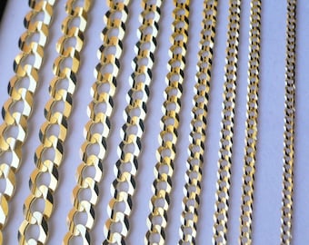 10k Solid Gold Cuban Curb Link Chain Necklace (2mm-11mm Width)