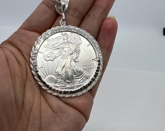 Men's Fine Silver Oz Eagle Dollar Coin Charm With Silver Rope