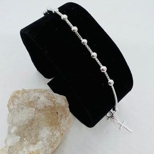 Sterling Silver Small Rosary Bracelets for Women and Girls 4 mm Beads Italy 6.5 - 7 inch/ Beaded bracelet cross