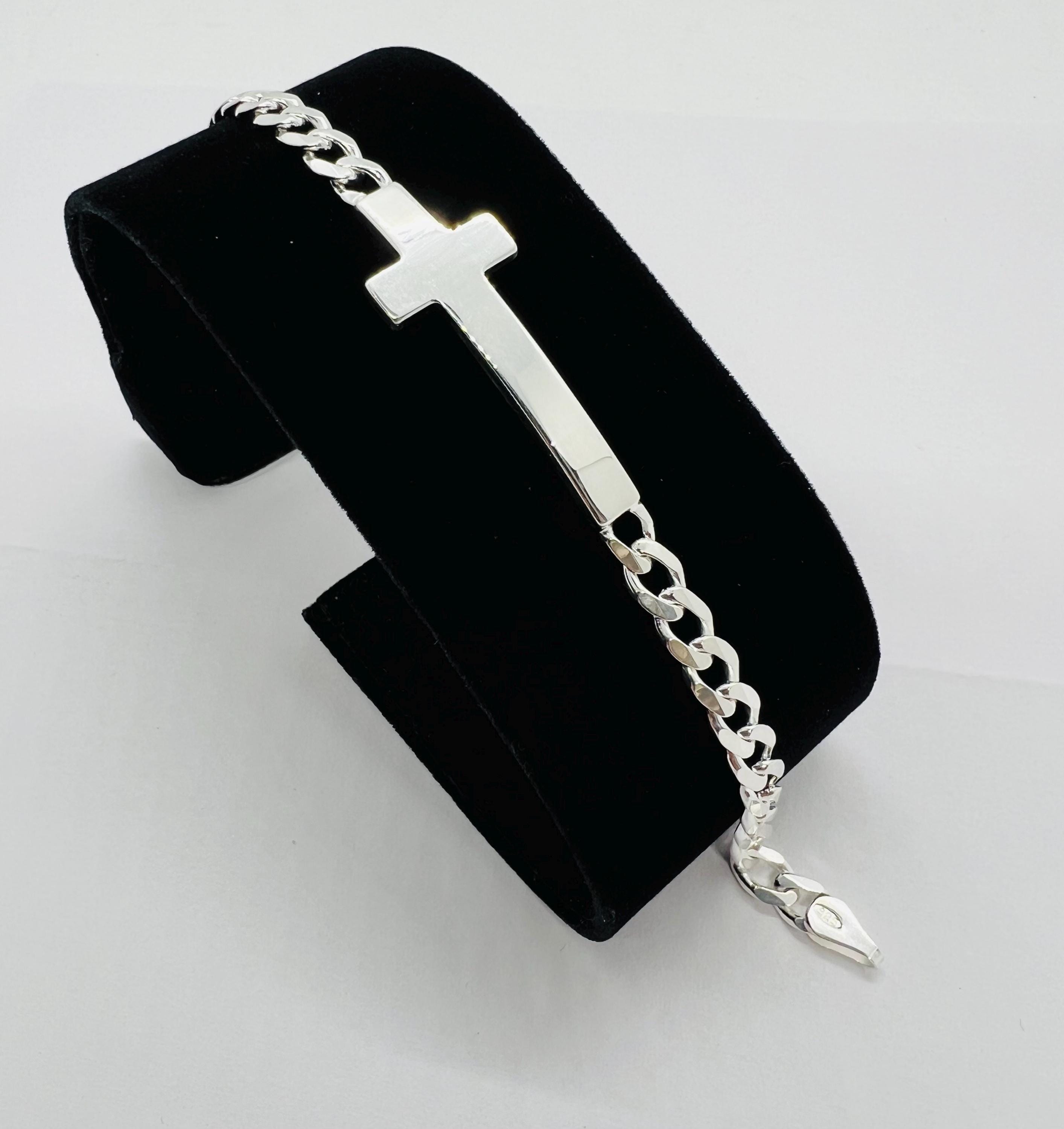 silver cross ID bracelet chain 刻印 925 Sterling Silver Cross ID Bracelet Men's Women's Engravable 7