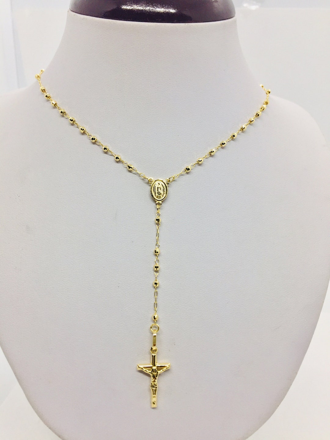14K Solid Yellow Gold Rosary Necklace Crucifix Women's