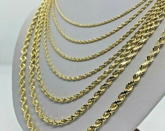 10K Solid Gold Rope Chain Necklace: Diamond Cut, 1.5mm-5mm