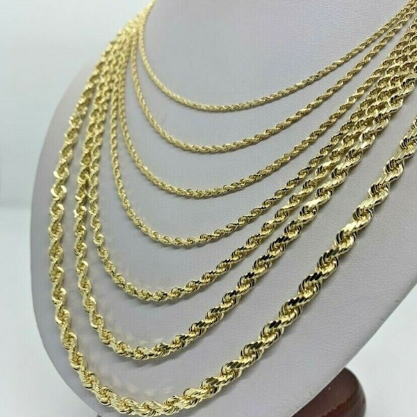 10K Diamond Cut Solid Gold Rope Chain Necklace Men's Women's 1.5mm-5mm Size 16"-30" Custom lengths offered