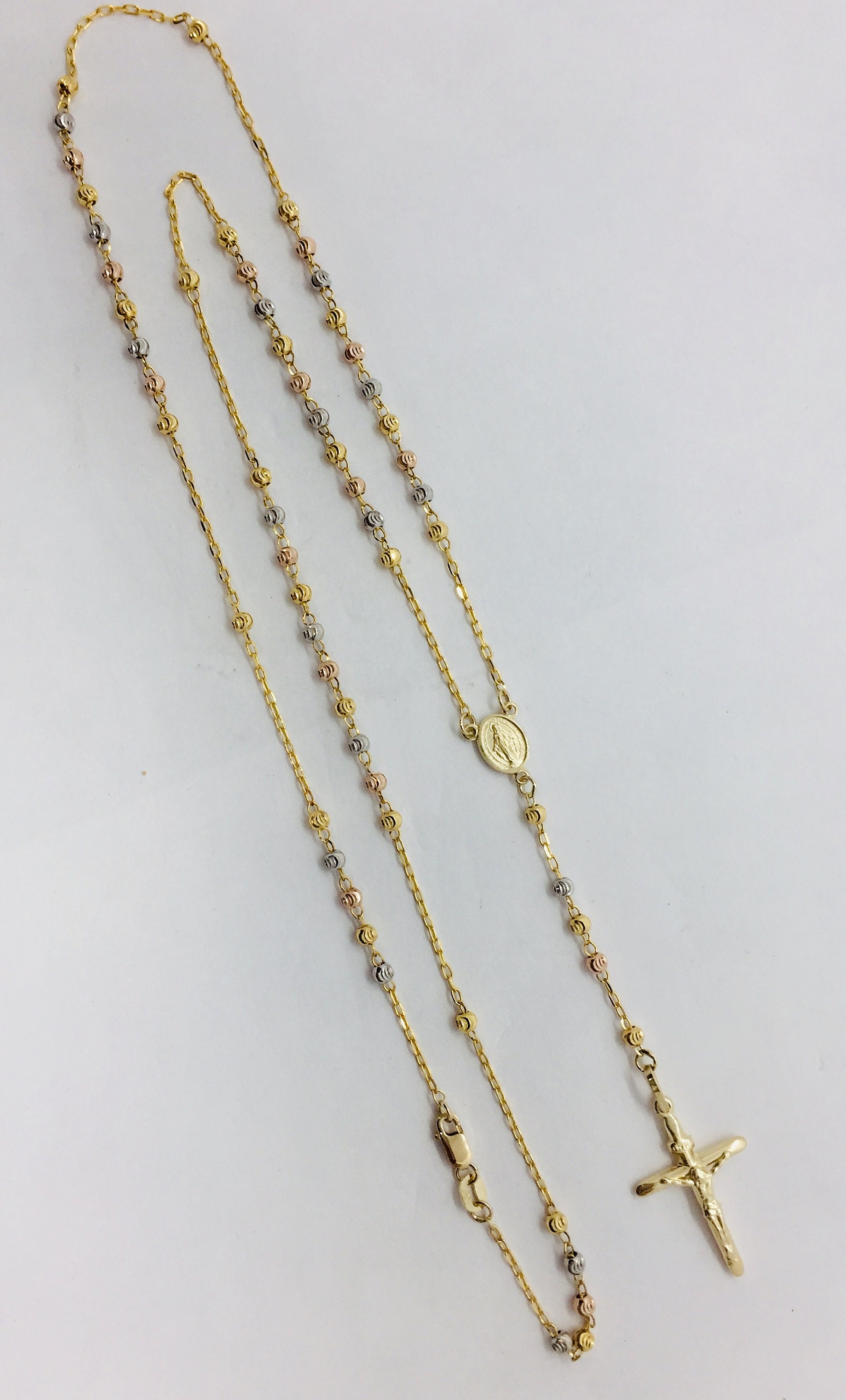 14K Solid Yellow Gold Rosary Necklace Crucifix Men's/women's 3mm