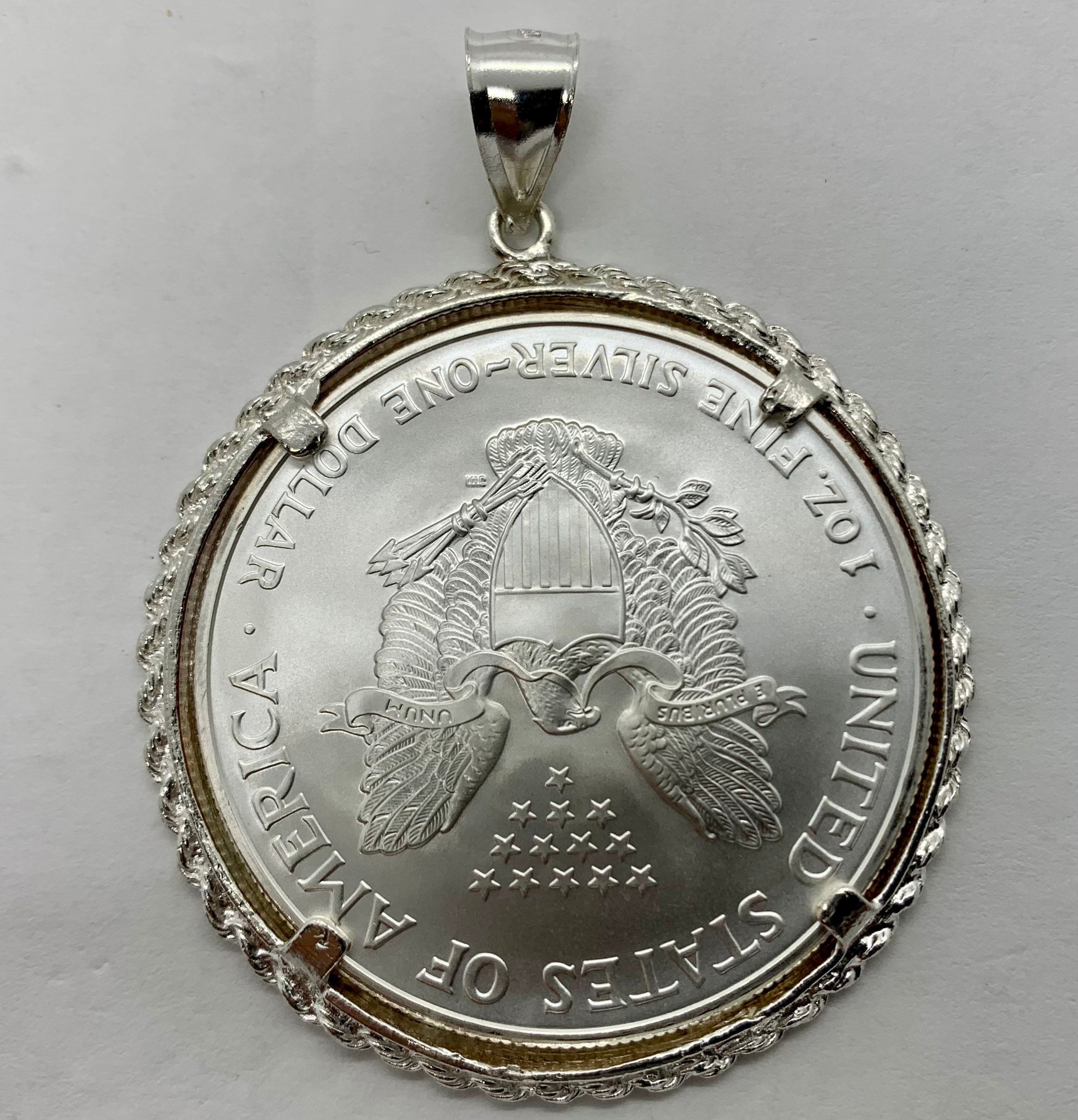Men's Fine Silver 1 Oz Eagle Dollar Coin Charm With Silver
