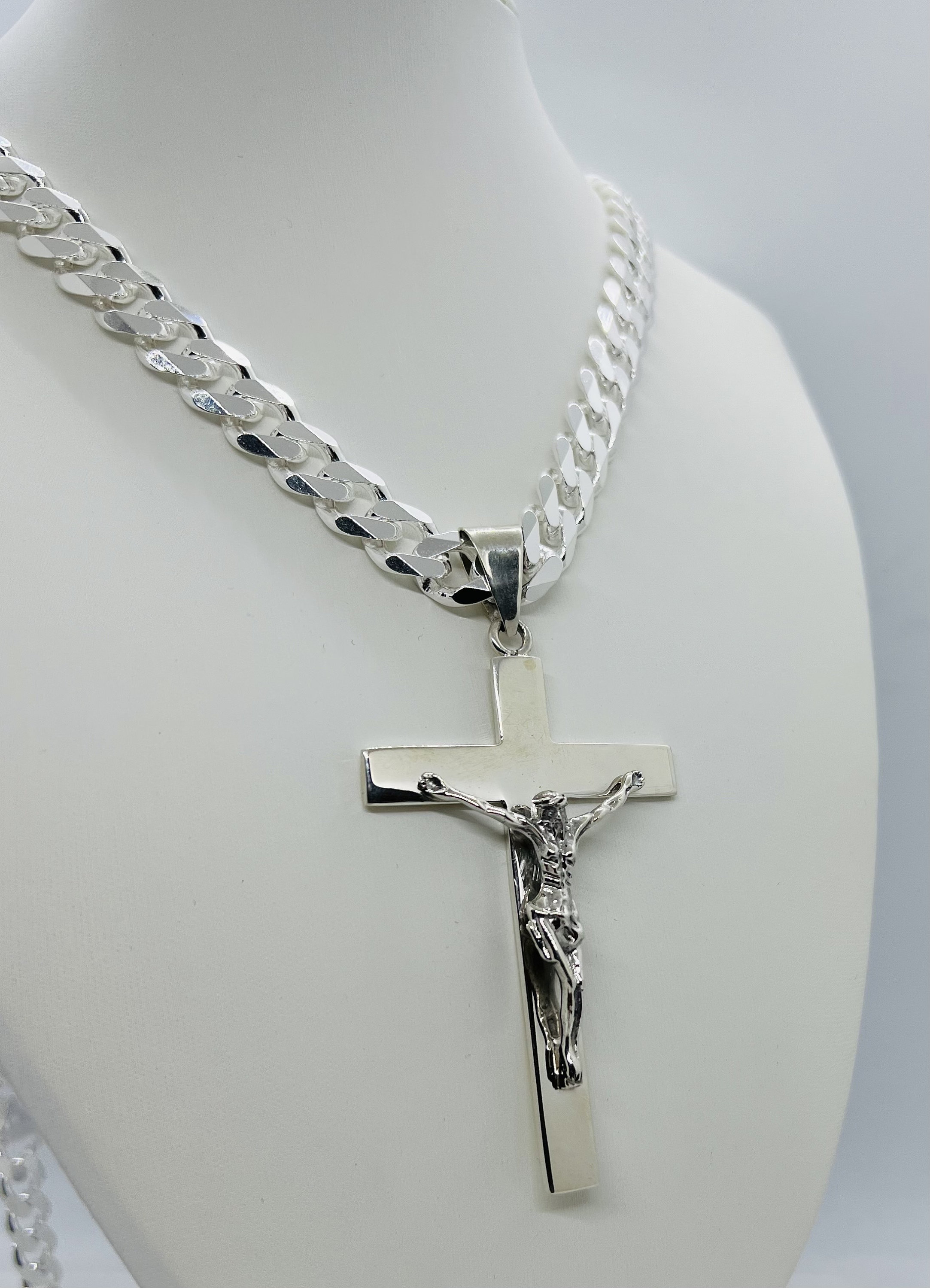 Large Crucifix 925 Sterling Silver Cuban Link Chain, Men's