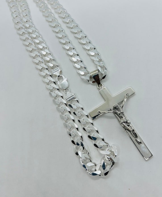 Large Crucifix 925 Sterling Silver Cuban Link Chain, Men's