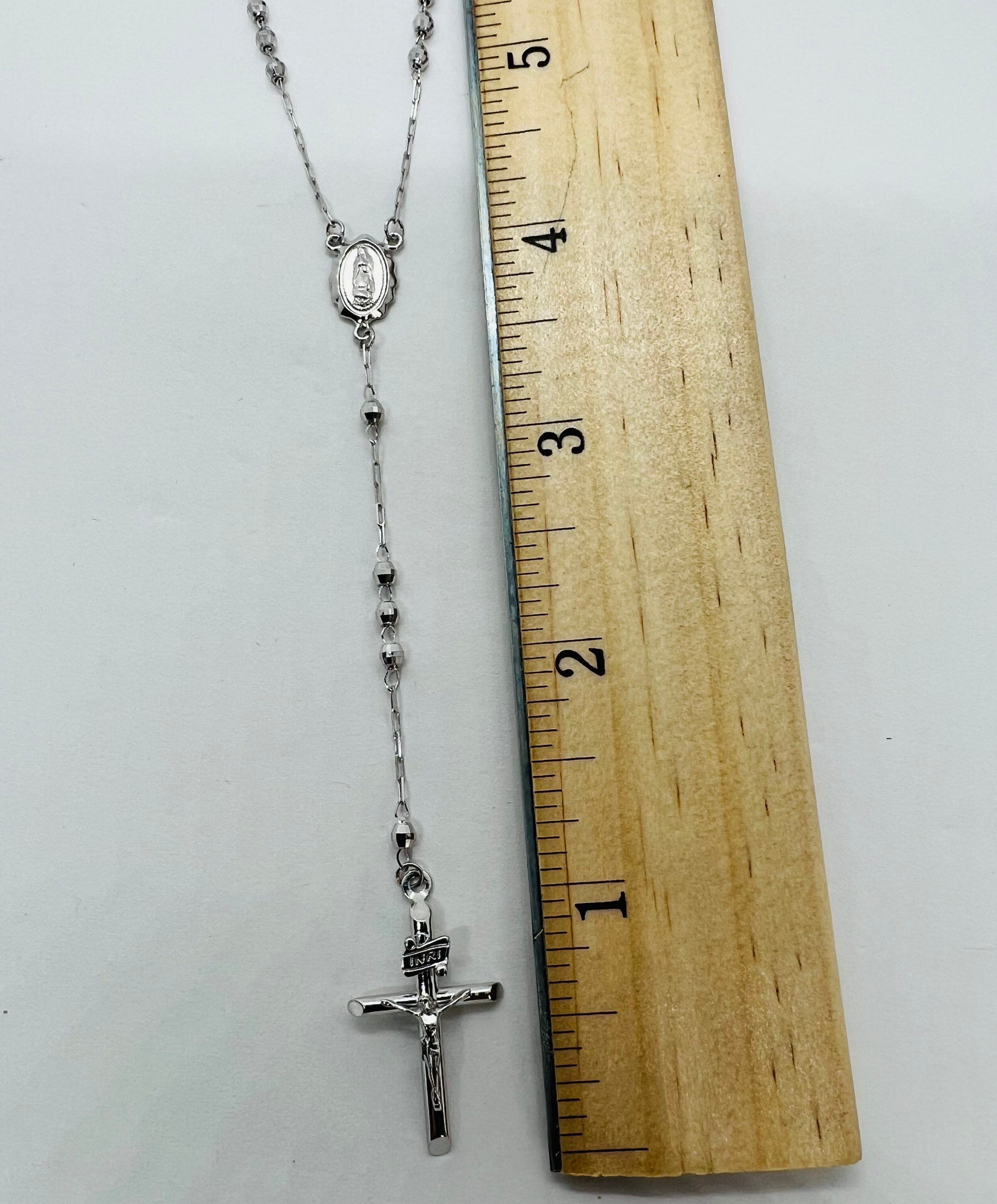 14K Solid White Gold Rosary Necklace Crucifix Men s women s 3mm 18