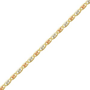 May include: A gold chain with alternating oval links. Each link features a starburst design in gold, rose gold, and silver tones. The chain is displayed against a white background.