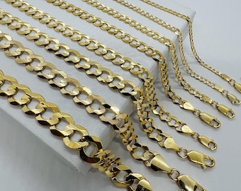 May include: A set of eight gold chain necklaces of varying lengths and widths. The chains are all made of a classic curb link style.