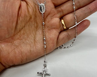 14K Solid White Gold Rosary Necklace Crucifix Men's/Women's 3mm 18