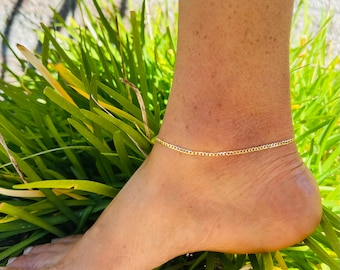 10k Solid Gold Cuban Link Anklet, Delicate Curb Chain