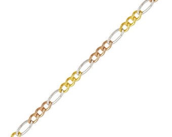 14K Tricolor Solid Gold Diamond Cut Figaro Link Chain Women's 2.5mm sz 16"-24”