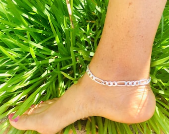 Sterling Silver Figaro Anklet, 7mm Bold Chain, Custom Lengths