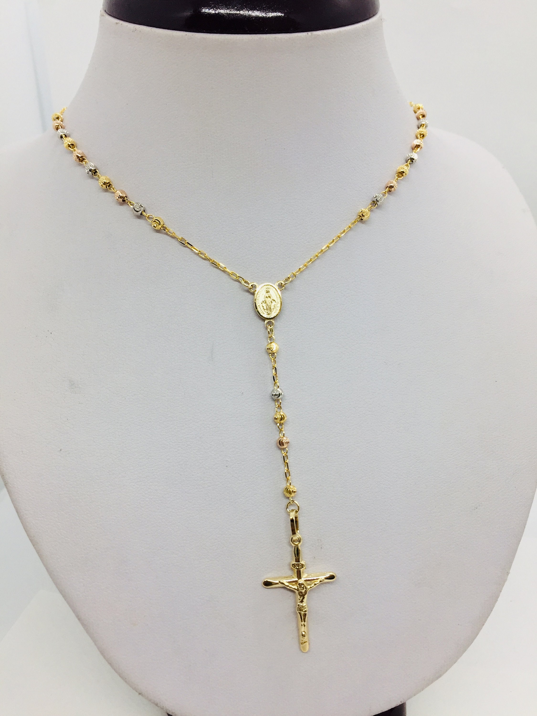 Rosary moon - Rosarymoon ☽ Arm Ribbon T 14K Solid Tricolor Gold Moon Cut Rosary Necklace Crucifix