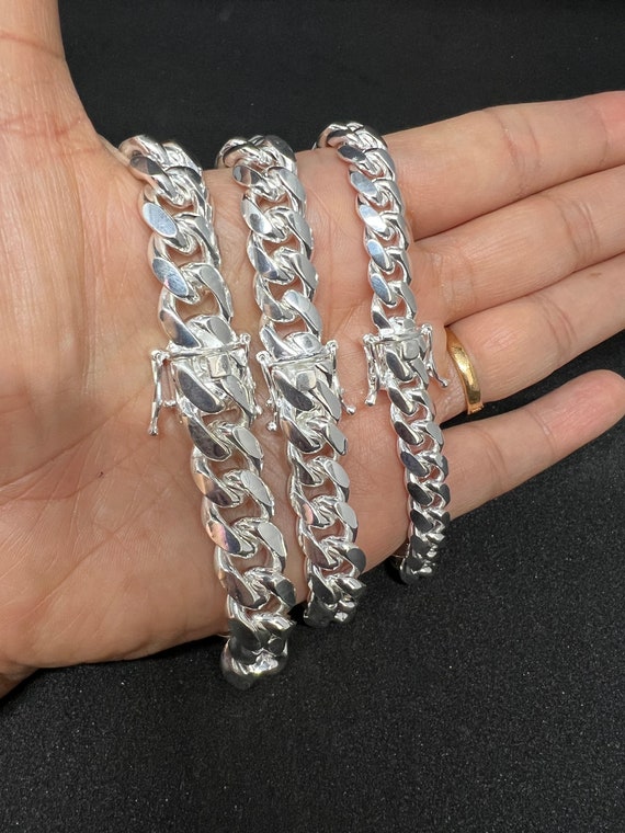 925 Sterling Silver Miami Cuban Bracelet, Box Lock 8mm 10mm 12mm