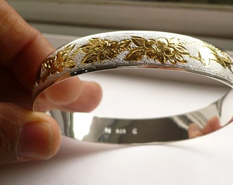 Solid Sterling silver Women's Two Tone Hand Crafted 12mm Hawaiian Bangle bracelet size 8.5" Free Laser Engraving