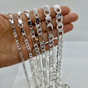 925 Silver Solid figaro Link Necklace Diamond Cut Men&#39;s Women&#39;s chain 4mm-11mm 16&quot; - 30&quot; CUSTOM LENGTHS OFFERED