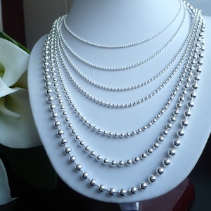 Women&#39;s Necklace 925 Sterling silver Chain 1.2mm-5mm beaded ball chain Men&#39;s Chains for dog tags 16&quot;- 30&quot; CUSTOM LENGTHS OFFERED