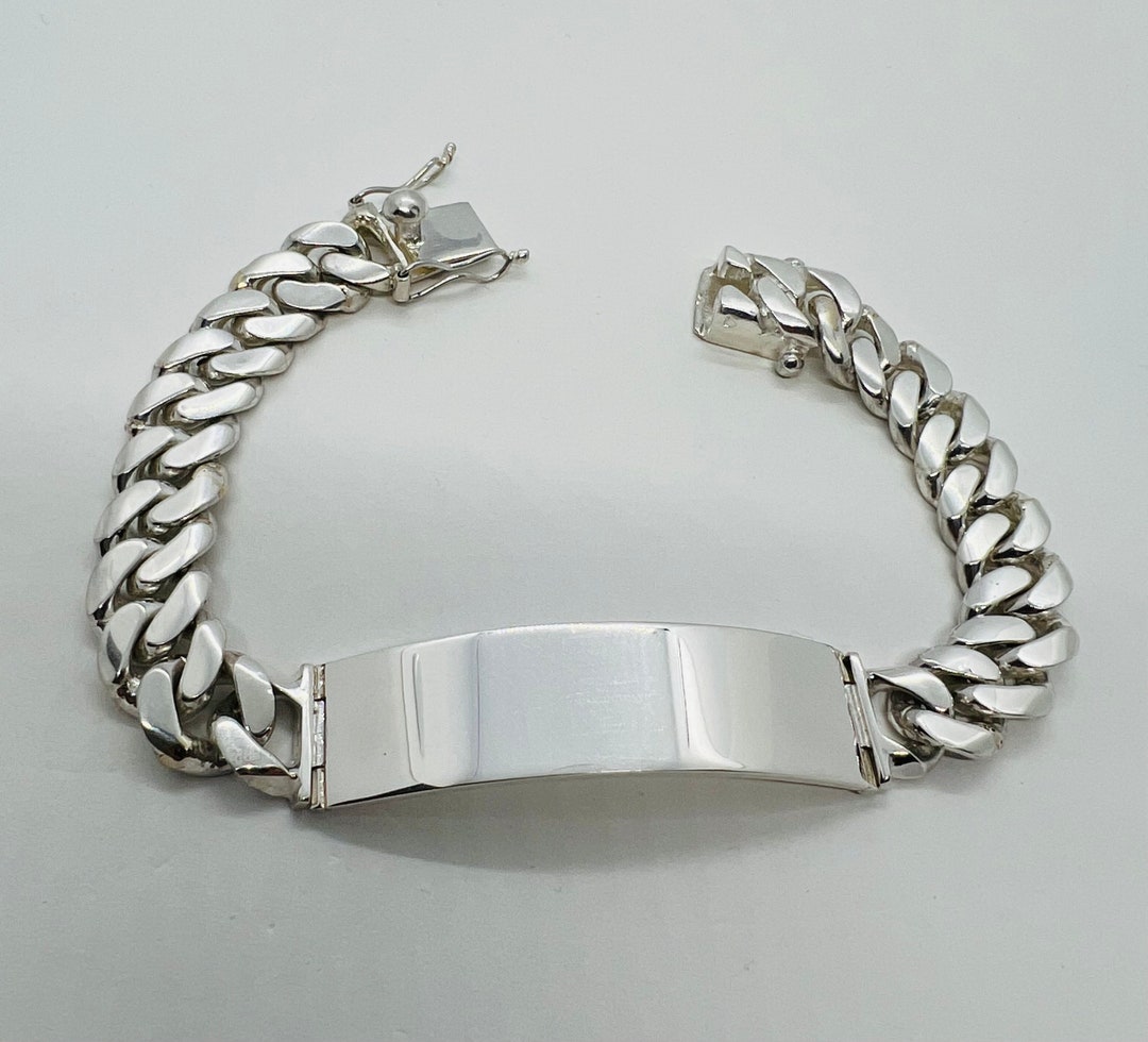 925 Sterling Silver ID Bracelet, Cuban Link, 13mm Solid