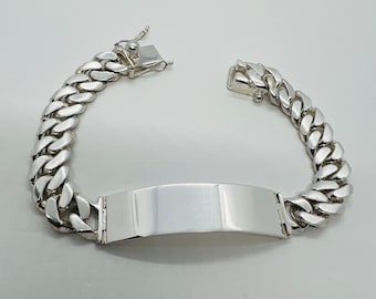 925 Sterling Silver ID Bracelet, Cuban Link, 13mm Solid Bracelet