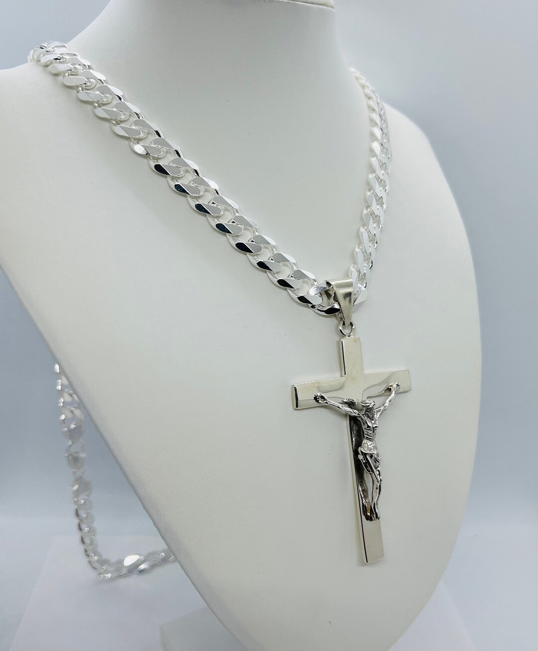 Large Crucifix 925 Sterling Silver Cuban Link Chain, Men's