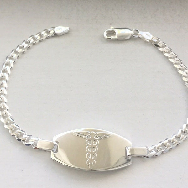 Sterling Silver Men's Women's Medical Alert ID bracelet Free Laser engraving 7" or 8"