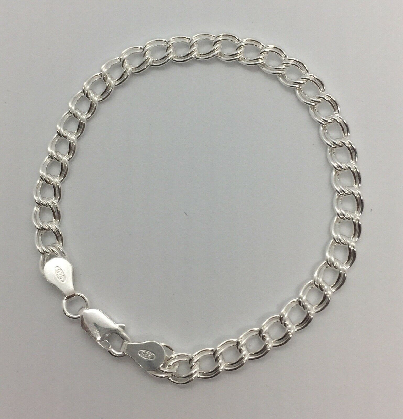 925 Sterling Silver Charm Bracelet Fancy Double Link Curb