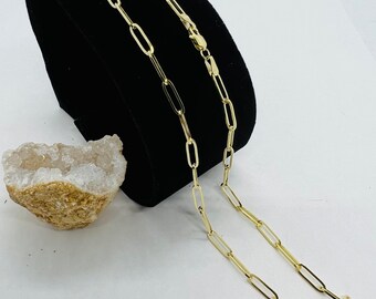 10K Solid Gold Paper Clip Chain Necklace, 3mm Minimalist Women's Chain