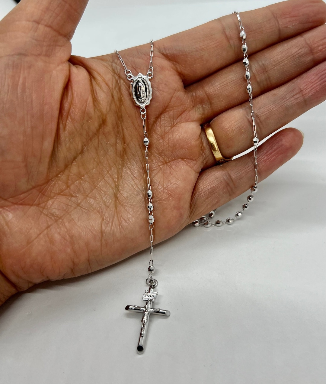 14K Solid White Gold Rosary Necklace Crucifix Men's/women's 3mm 18