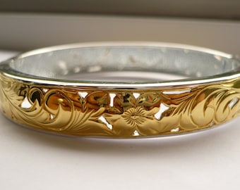 Solid Sterling silver Women's Two Tone Hand Crafted 11mm Hawaiian Bangle bracelet size 7.5