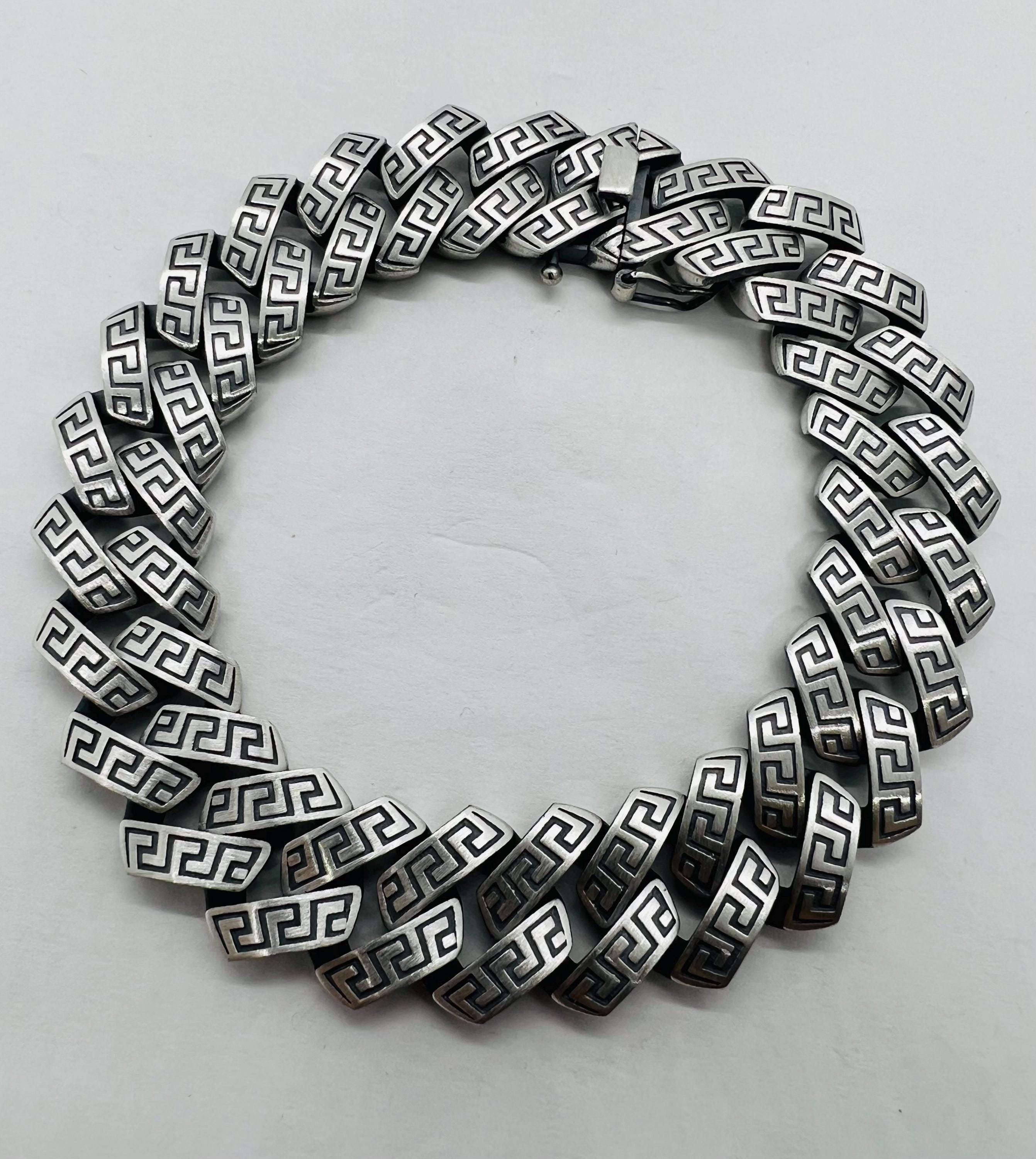 14mm Oxidized Sterling Silver Men's Bracelet, Greek Key Curb Link