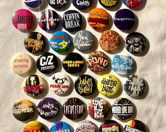 35 Grunge 1" Buttons or Magnets - FREE SHIPPING - Nirvana Smashing Pumpkins Hole Soundgarden Screaming Trees